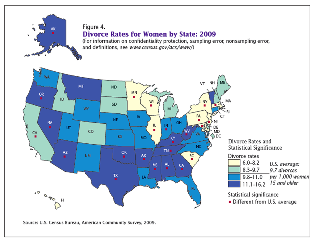 Divorce rates for Women by State: 2009
